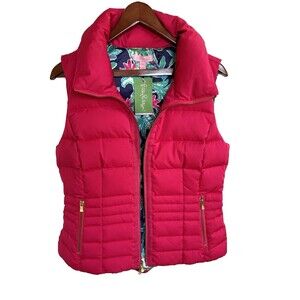 LILLY PULITZER Women's SYD Full Zip Puffer Vest Down Dark Hot Pink Size L NEW